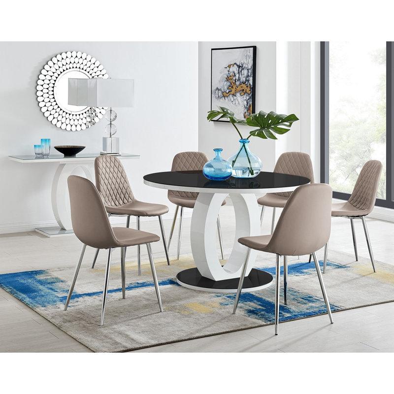 Scottsmoor 6 Seater High Gloss Round Dining Table Set with 6 Luxury Faux Leather Dining Chairs, Cappuccino/Silver, Black