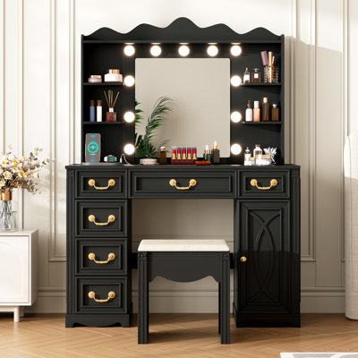 Manufactured Wood Makeup Vanity Set with LED Mirror and Outlets