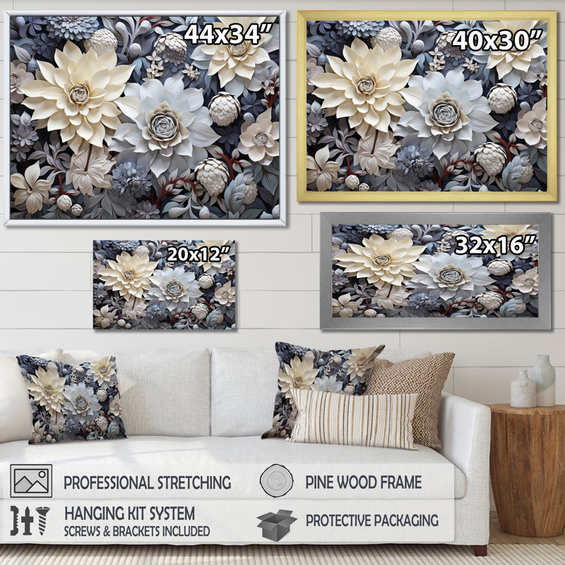 «Beige Flowers In Full Bloom», art mural sur toile, Toile tendue, H 12 po x l 20 po x P 1 po