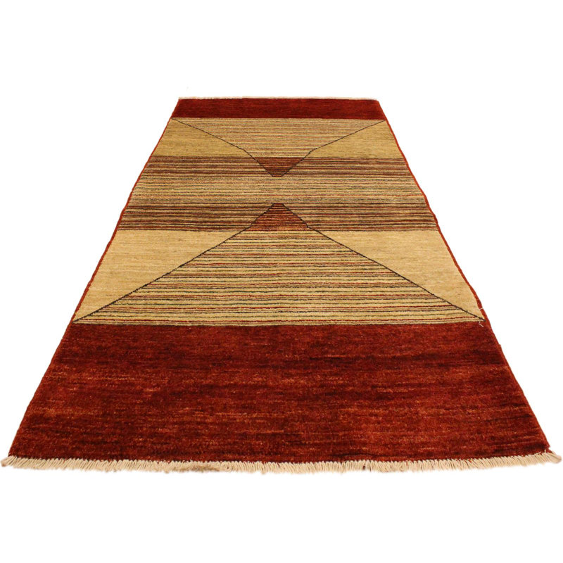 Tapis brun clair / rouge en laine noué à la main à motif rayé Abramowitz 2 pi 11 po x 5 pi 1 po