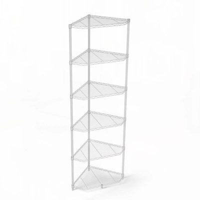 6 Tier Shelf Corner Wire Shelf Rack Pentagonal Shelves Adjustable Metal Heavy Duty Free Standing Corner Storage Display Chrome Rack for Bathroom, Living Room, Kitchen - White