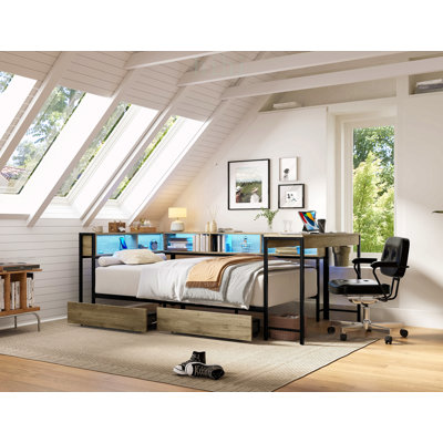 Cadre de lit de coin pour lit simple avec bibliothèque, tiroirs de rangement, lampe à DEL et station de recharge, lit de jour réversible moderne