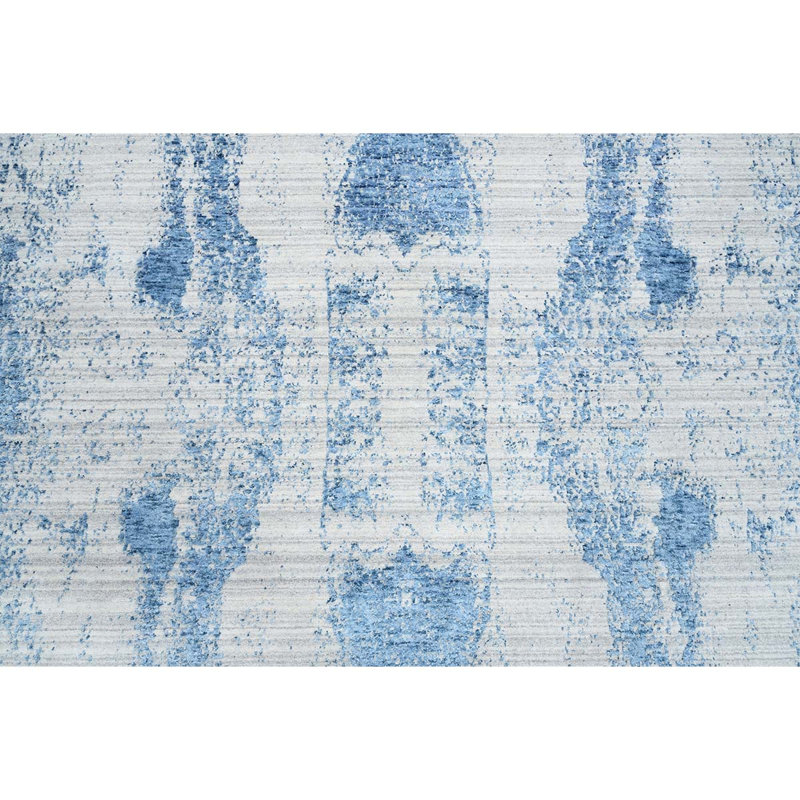Tapis argent / bleu noué à la main de haute qualité, Rectangle 8 pi x 10 pi