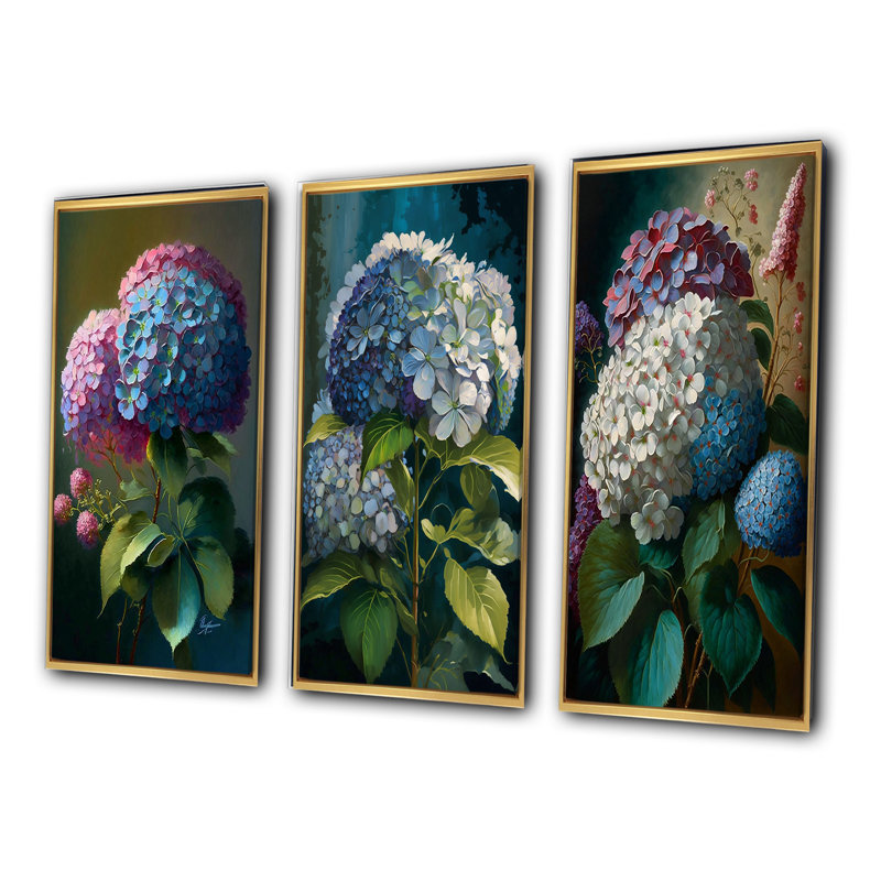 «Hydrangea Bouquet Retro Illustration», 3 pièces, H 20 po x l 36 po, Cadre flottant doré