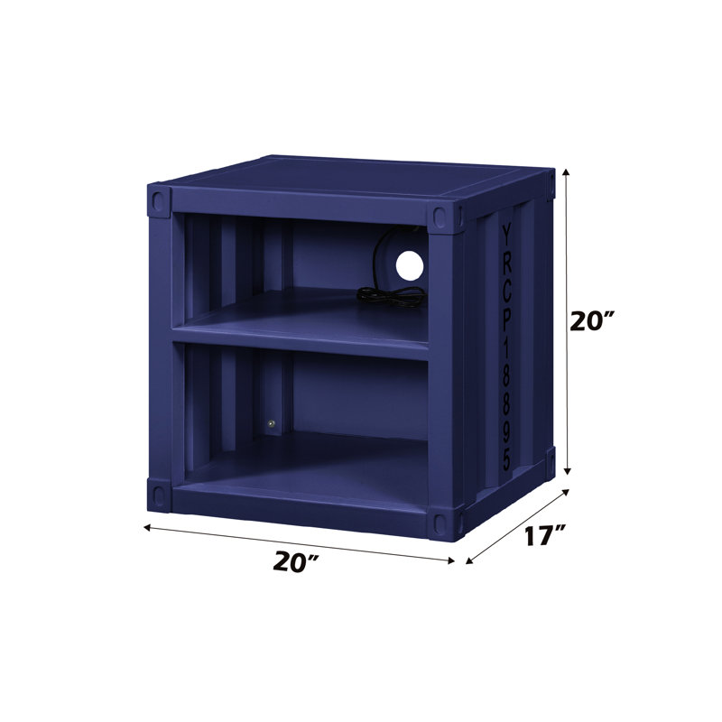 Table de chevet Enable de style industriel - finition cargaison bleue, 2 compartiments de rangement ouverts, plaque de fer moderne avec douille bleue, fabrication