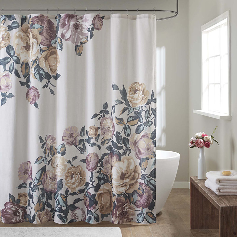 Rideau de douche en coton à imprimé floral, Ivoire