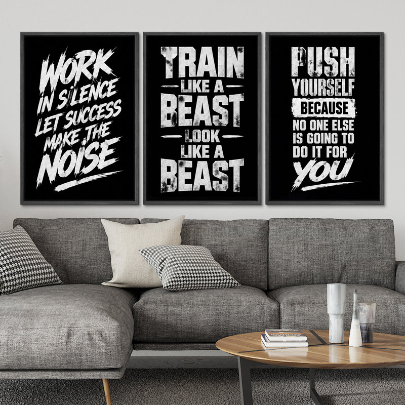 «Black and White Workout Motivation Artwork», typographie audacieuse de gymnastique inspirante, décoration murale encadrée sur toile, impression de 3 pièces