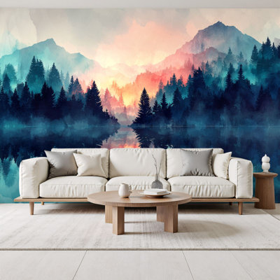 Watercolor Forest Peel and Stick Wallpaper Ethereal Sunrise Misty Evergreen Hills Painting Wall Murals 69"H x 96"W Removable PVC Wall Paper Self-Adhesive Wall Decor for Bedroom Living Room Home Office