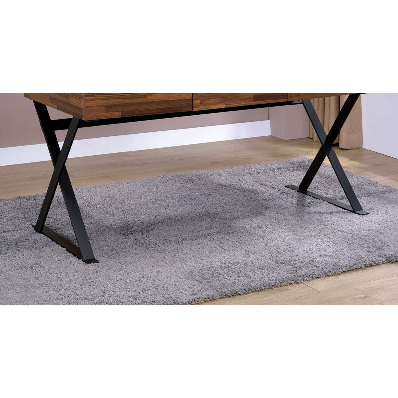 Bureau d'ordinateur industriel avec trois tiroirs de rangement USB et prise de courant, pieds en X croisés, noir