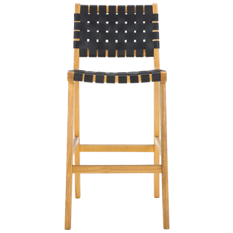 Alston Upholstered Counter Stool with Solid Wood Frame, Bar Stool (29.70" Seat Height), Black Leather/Natural Frame