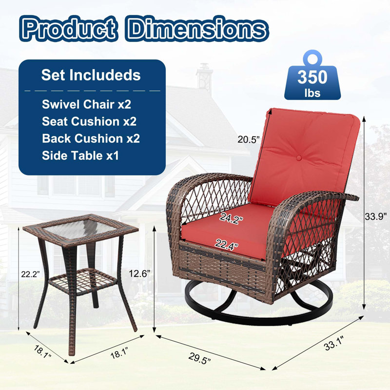 3-Piece Outdoor Patio Conversation Set with 360° Swivel Rocker Chairs and Glass Top Table, Navy Blue Cushioned Bistro Set
