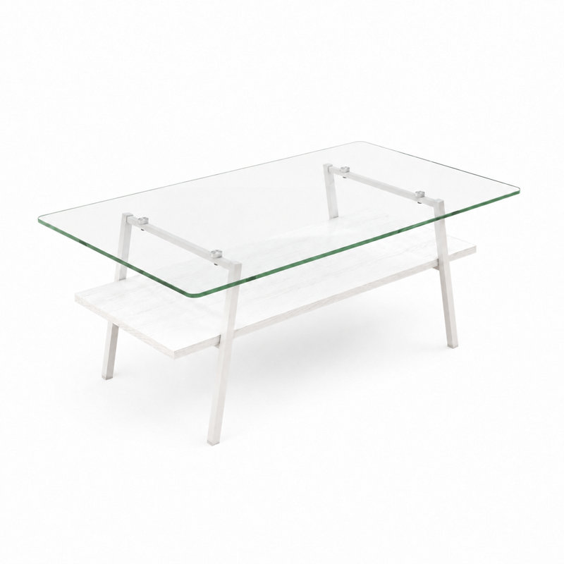 Table basse moderne en verre rectangulaire avec tablette en bois et structure en métal, table de salon moderne, Transparent