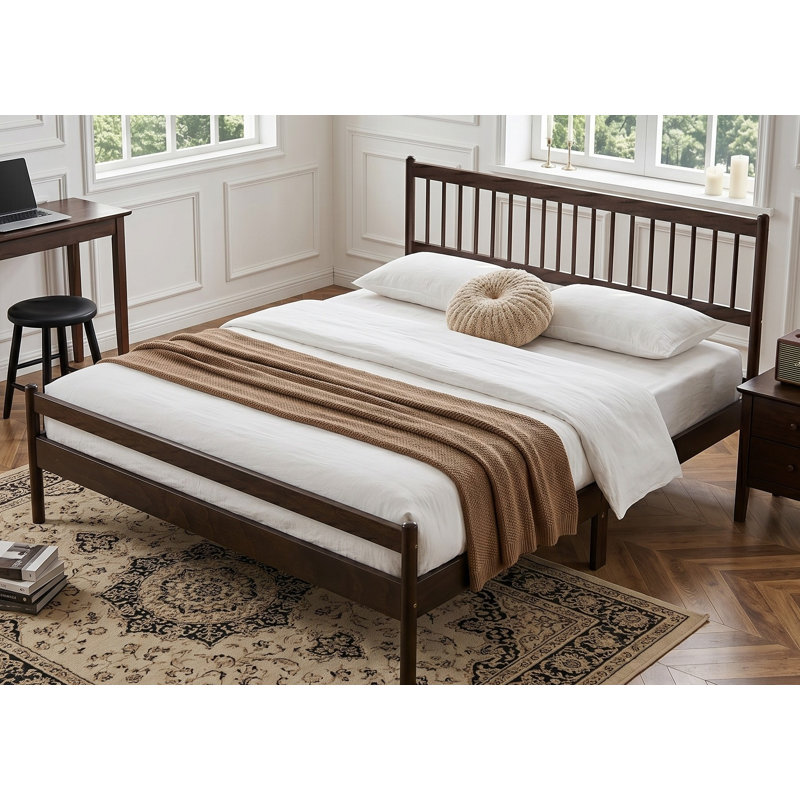 Lit très grand style traditionnel avec tête et pied de lit, lit en bois de pin avec cadre de lit renforcé, brun