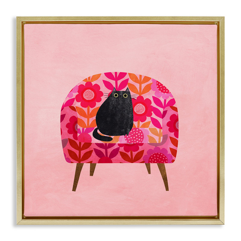 Chat sur cadre rétro de chaise florale, design par Angie Rozelaar, H 25 po x l 25 po, Cadre flottant métallique doré