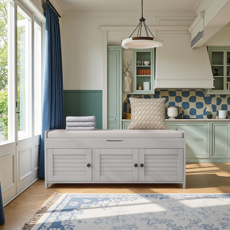 Upholstered Storage Bench with 2 Cabinets, Gray Washed