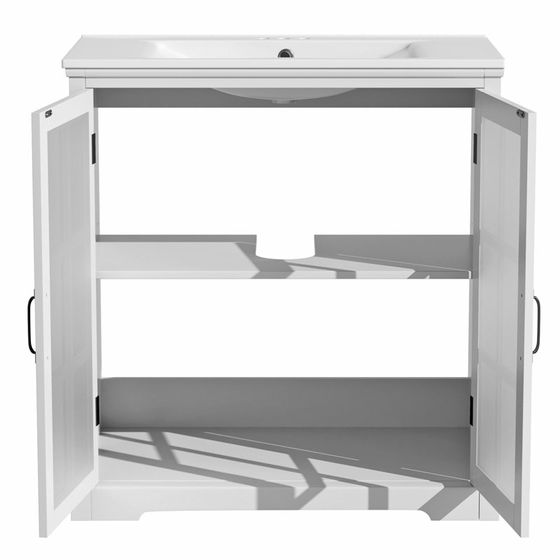 Meuble-lavabo moderne 30 po avec lavabo en céramique et verre trempé givré, Blanc