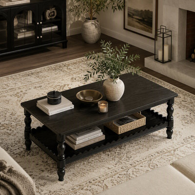 Rectangular Coffee Table with Solid Wood Legs, 2-Tier Storage, and Wave-Edge Shelf