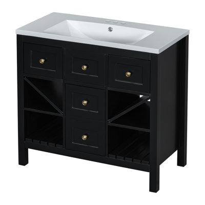 Ensemble de meuble-lavabo 36 po avec lavabo en résine, armoire de rangement en bois massif, ensemble de meuble-lavabo autoportant avec 5 tiroirs et portes à fermeture douce