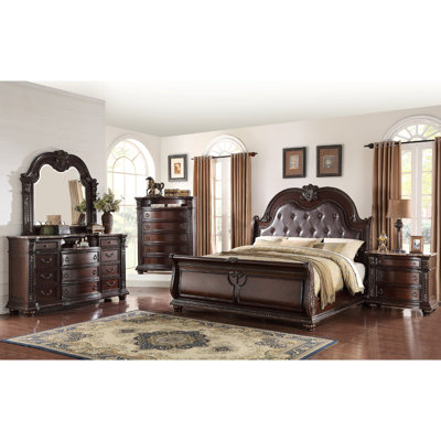Meuble en bois massif de 1 chambre à coucher avec dessus en marbre à 11 tiroirs avec moulures complexes et silhouette courbée brune