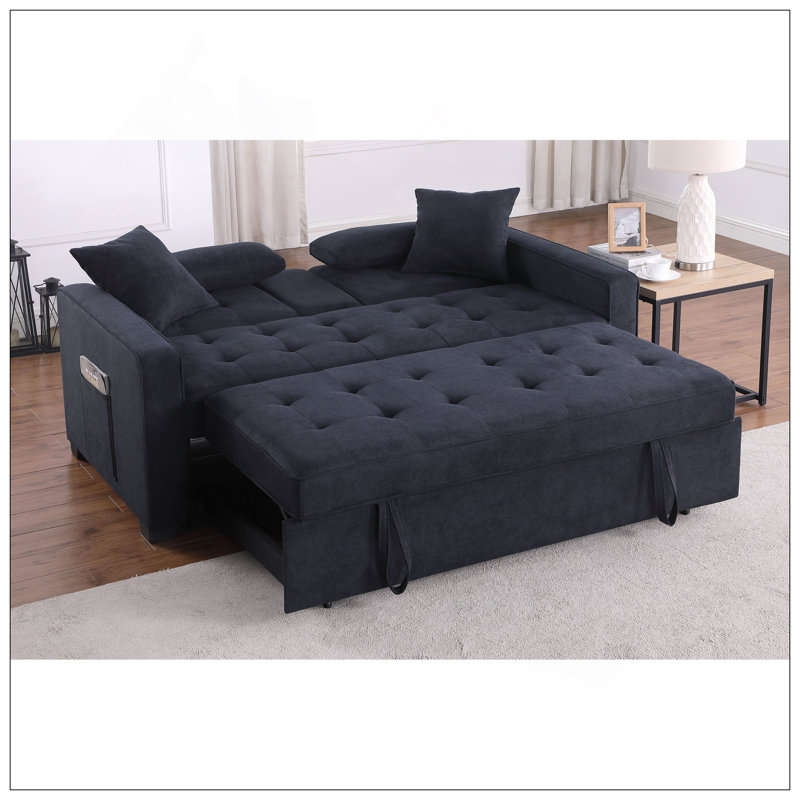 Causeuse convertible en tissu tissé gris foncé de 70 po de largeur avec console rabattable, porte-gobelets, ports de chargement, poche et siège à ressorts ensachés