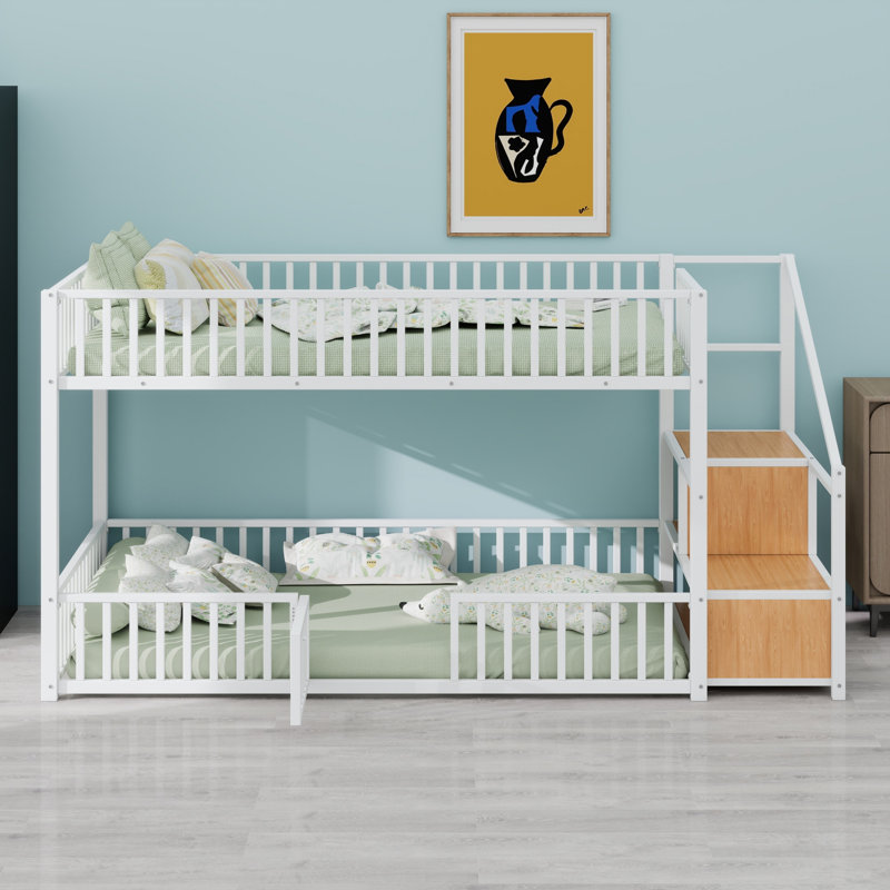 Lit superposé moderne avec escalier de rangement, solution de rangement pratique pour la chambre à coucher, Blanc