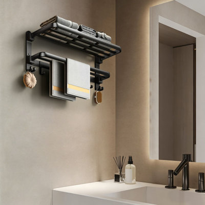 Black Towel Storage Rack Foldable Bathroom Shelf Wall Mounted Towel Holder Aluminum Towel Bar with Hooks for Bathroom Organizer