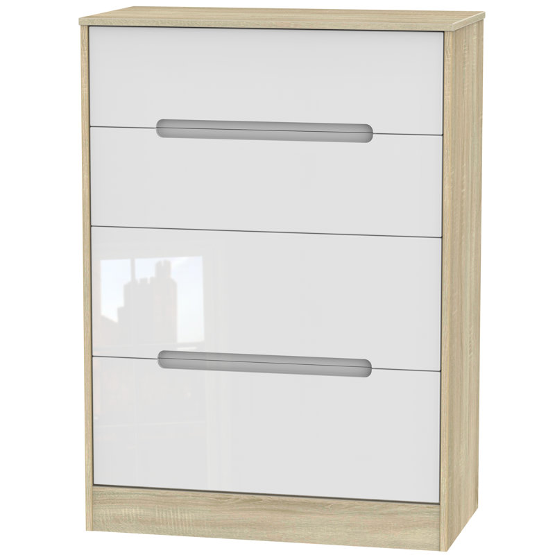 Fully Assembled Vernon 4 Drawer Chest, White Gloss/Bardolino Oak