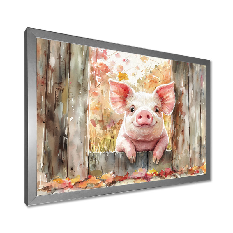 Portrait de cochon à la grange - décoration murale cochon, H 12 po x l 20 po, Cadre simple argenté