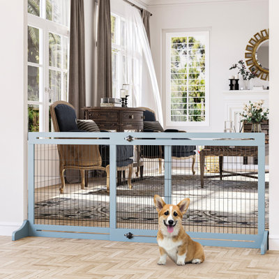 Freestanding Pet Gate, 72"X27.66", Adjustable, For Dogs, Cats, House, Hallway, Doorway Barrier, Blue-Grey Gate - 72" W X 27.66" H, Blue-Grey, Adjustable Pets, Solid Wood & Steel Wire, Blocks Entries