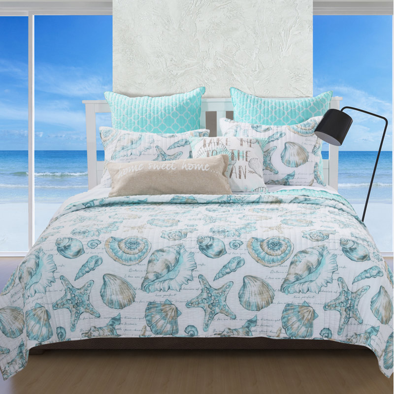 Full White Microfiber Reversible Nautical Quilt Set