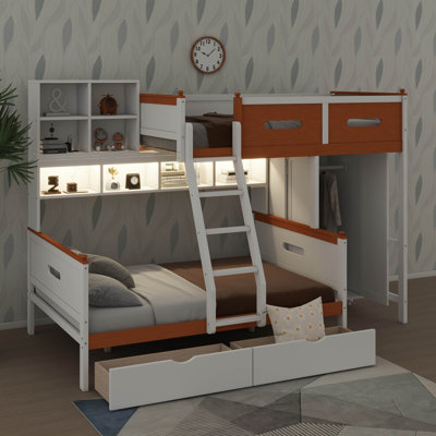 Lit superposé simple en bois double avec lit double équipé d'une armoire, de tiroirs, d'étagères et d'un éclairage à DEL