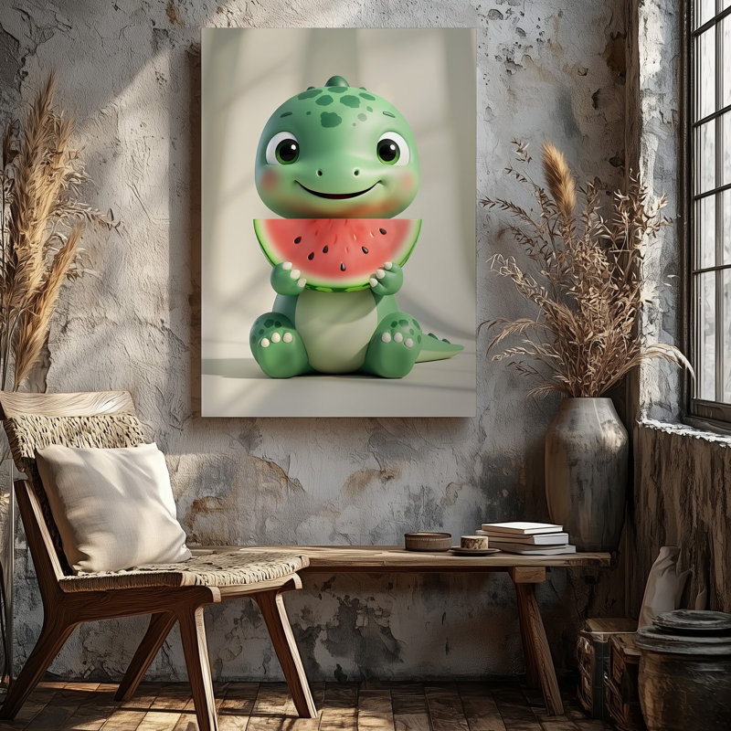 Toile, un adorable personnage de dinosaure assis avec une expression ludique tenant une grande tranche de melon d'eau