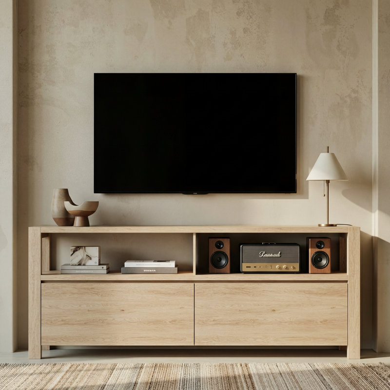 63" TV Stand for TVs up to 70", Modern Media Console with 2 Drawers and Open Storage,Natural Wood Grain, Oak Wood