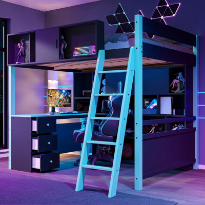 Lit mezzanine double en bois avec bureau, grand espace de rangement et lumière