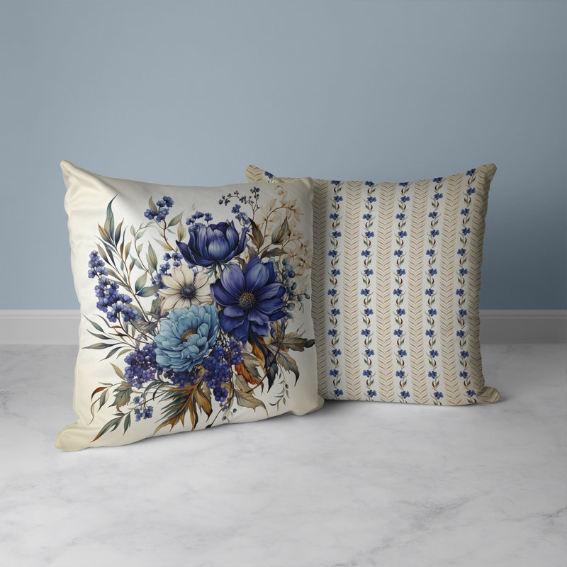 Coussin décoratif intérieur / extérieur Aster Amore, Bleu / Beige, H 18 po x l 18 po