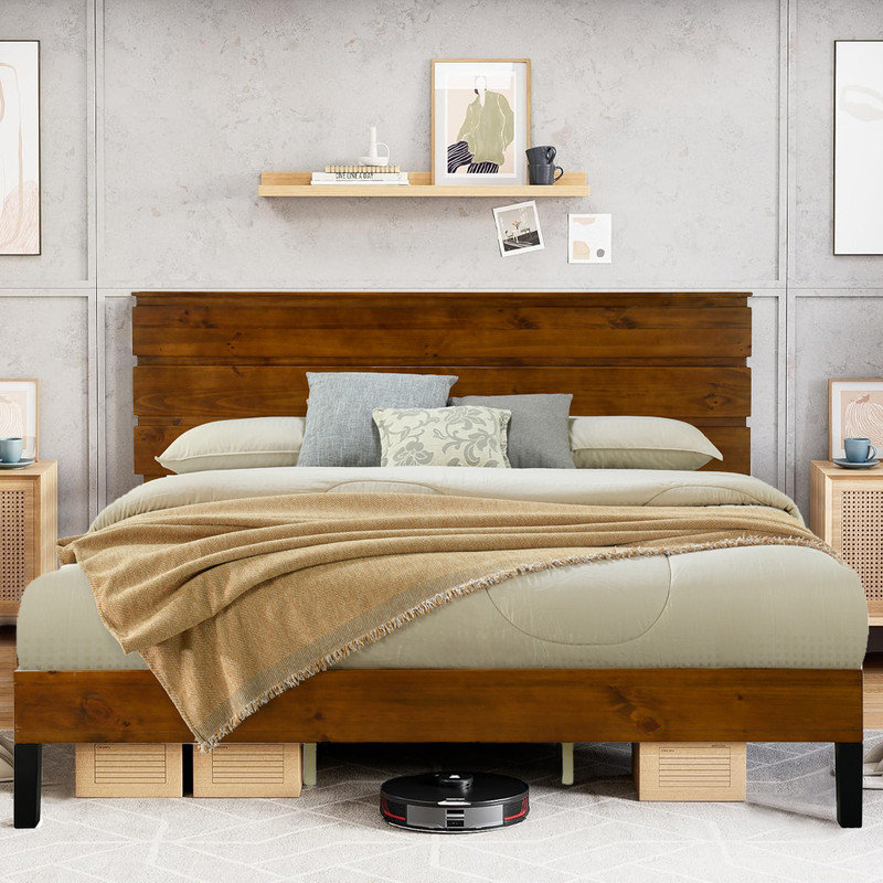Structure de lit Dontrice Mid-Century moderne en bois massif, lit plateforme en pin brun, tête de lit 3 pièces