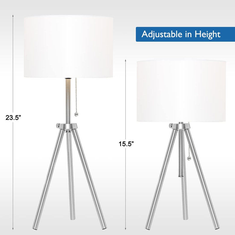 Tujuan 23.5" Tripod Table Lamp, Adjustable in Height, 100% Metal Body with Linen Drum Shade, Bedside Lamp, Nightstand Lamp, Side Table Lamp for Living Room, Bedroom, Office