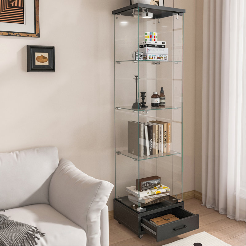 Vitrine avec bibliothèque en verre, tiroir et lumière DEL, Noir, noir, noir, noir