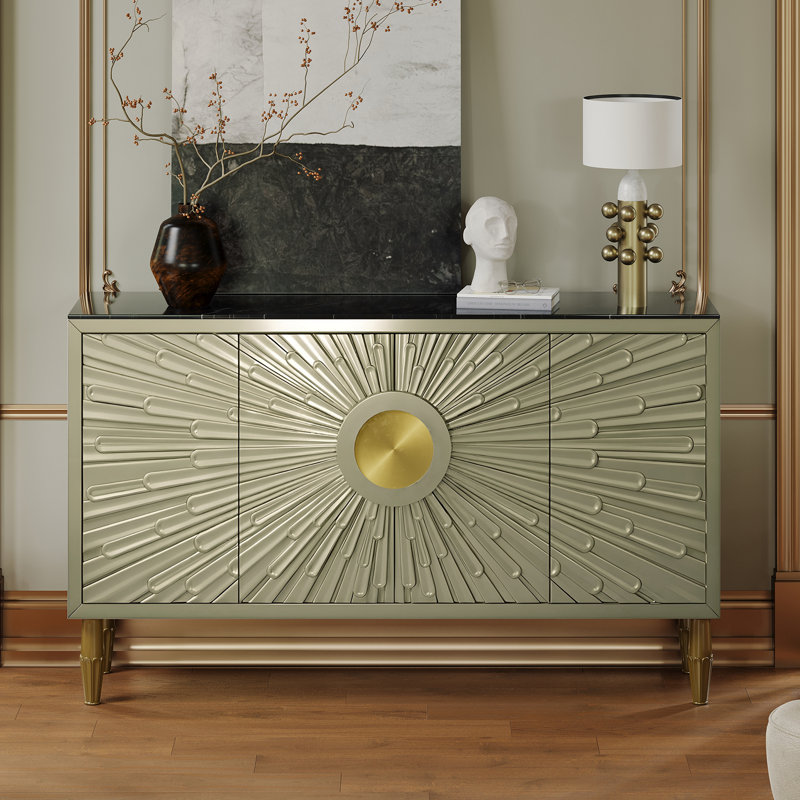  Modern Luxury 63'' Champagne Silver Sunburst Carved Sideboard with Faux Marble Top, 4-Door Storage Cabinet with Gold Handles & Soft-Close Hinges, Buffet Console for Dining Room Entryway Living Room