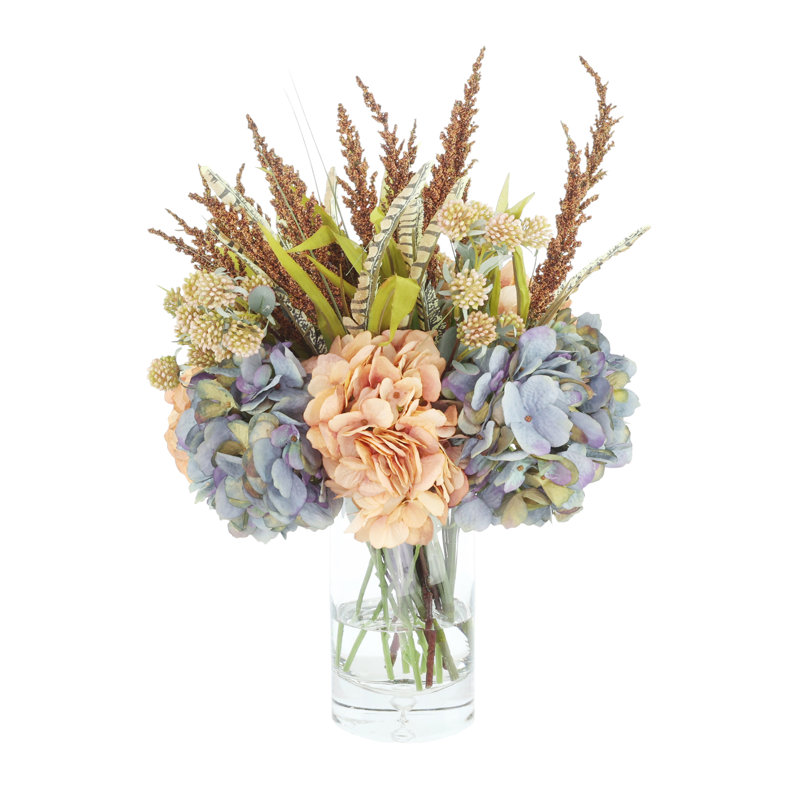 Fall Centerpiece with Hydrangeas and Heather in Glass Vase