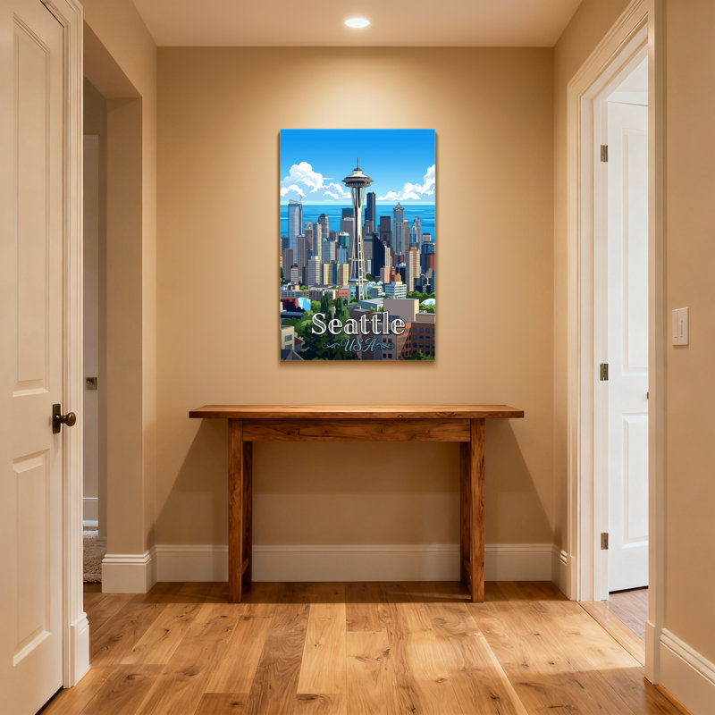 Scène panoramique et paysage urbain de Seattle avec une aiguille de l'espace et un paysage urbain, H 20 po x l 30 po