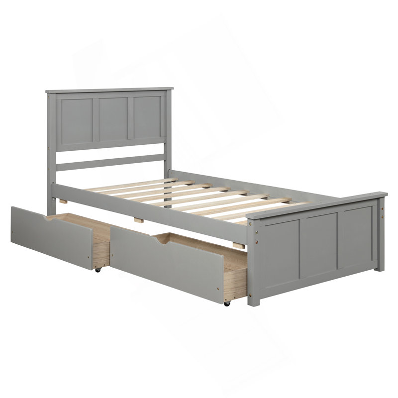 Lit plateforme avec rangement, 2 tiroirs avec roulettes, structure simple, Gris