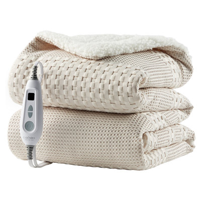 Waffle Weave Sherpa Heated Blanket with Digital Controller 9 Heat Levels 1-12H Timer Auto Off Machine Washable Khaki 50x60 Inch