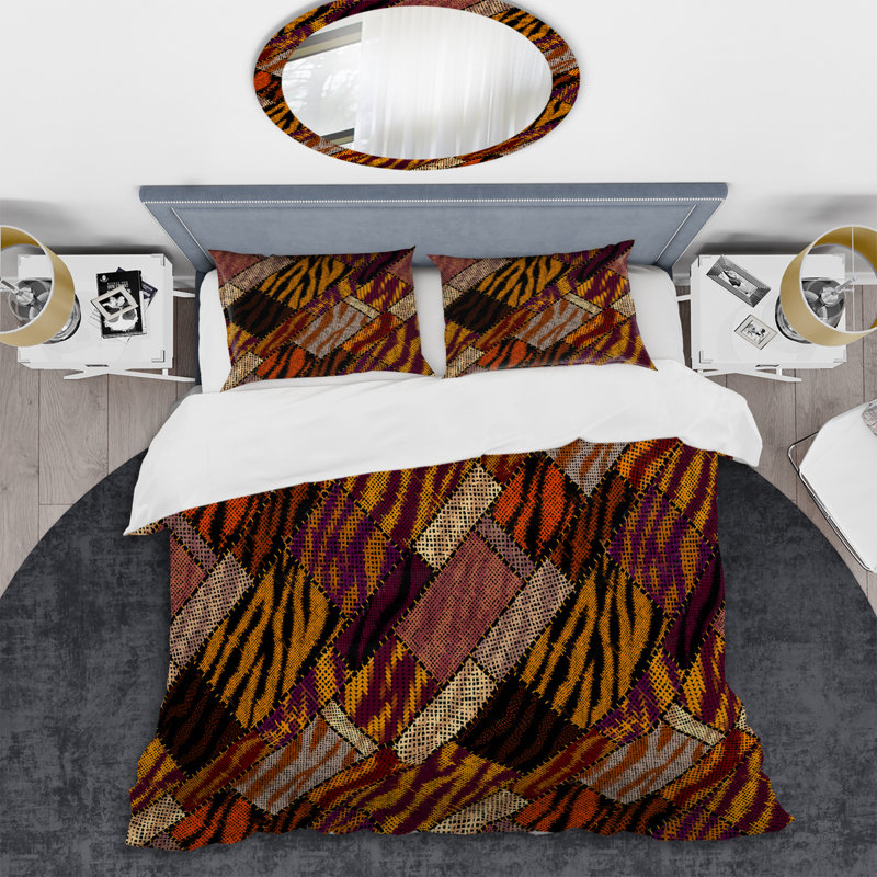 Patchwork orange et brun - ensemble de housse de couette abstrait - microfibre de polyester