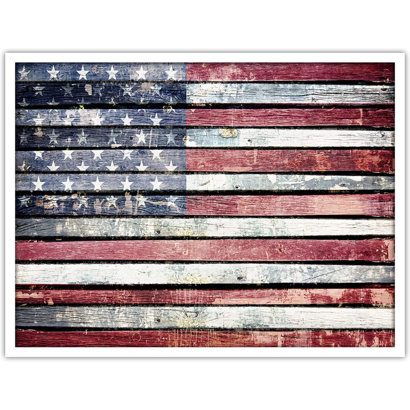 Drapeau américain grunge avec reflets bleus - peinture encadrée, Blanc
