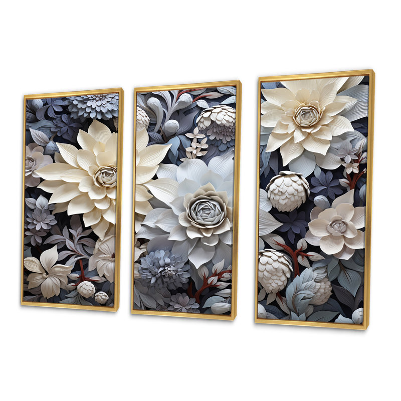 Fleurs beiges en pleine floraison - ensemble de reproductions d'art mural, Cadre flottant doré, H 32 po x l 48 po x P 1 po