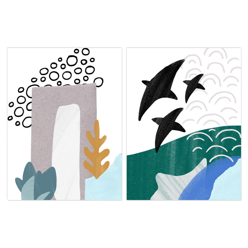 Abstract Underwater Aquatic Landscape Flying Fish Pastel Colour Naive - 2 Piece No Frame Print Set