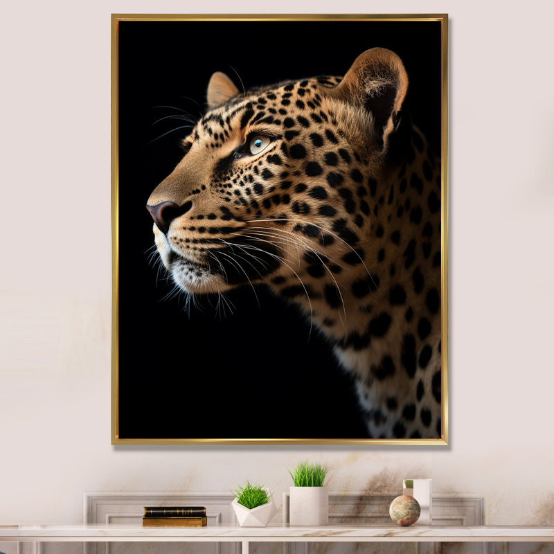 Superbe portrait de faune léopard sur toile, Cadre flottant doré, H 40 po x l 30 po x P 1,5 po