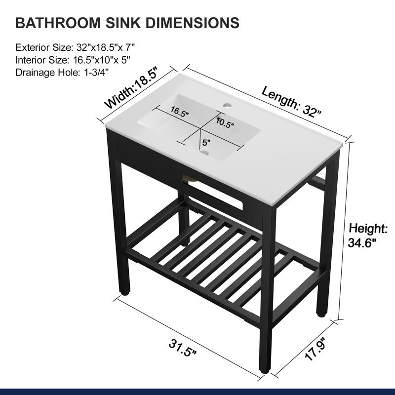 Évier de service 32 "x 18,5" en céramique en porcelaine avec cadre en acier inoxydable noir et tablette à serviettes