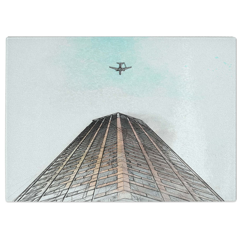 Tempered Glass Airplane Flying Above Tokyo Chopping Board, 39 cm W x 28.5 cm L